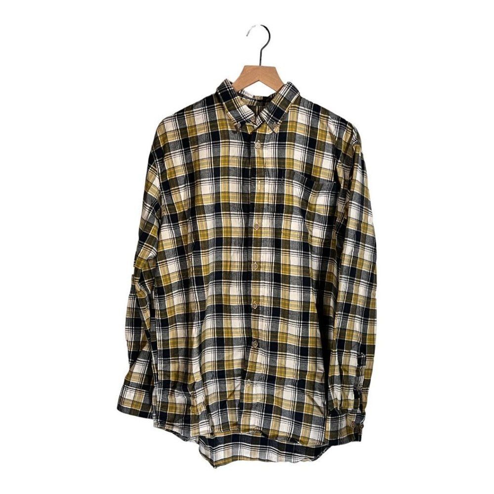 Cabelas Flannel Plaid Long Sleeve Button Down Shirt Yellow Blue Size Large Tall